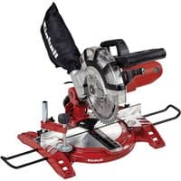 Red Einhell compound mitre saw with 210mm blade, black dust bag, and adjustable angle base.