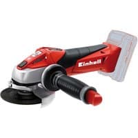 Red and black Einhell cordless angle grinder with silver disc guard and ergonomic handle, battery not included.