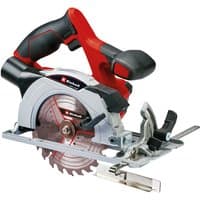 Red and black Einhell 18V cordless circular saw with silver blade and ergonomic handle.