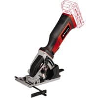 Red and black Einhell 18V mini circular saw with ergonomic handle and exposed blade housing.