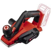 Red and black Einhell cordless planer with ergonomic handle and adjustable depth knob, battery not included.