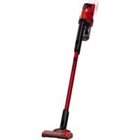Red and black Einhell TE-SV 18 Li-Solo handstick vacuum cleaner with slim design and detachable dust container.
