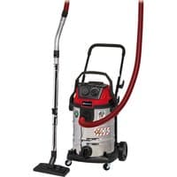 Red and silver Einhell wet/dry vacuum cleaner with black handle, wheels, and red hose.