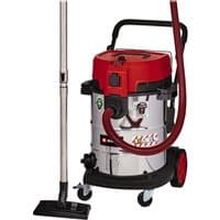 Red and silver Einhell 50L wet and dry vacuum cleaner with wheels, hose, and stainless steel tube.