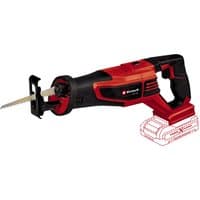Red and black Einhell 18V brushless reciprocating saw with ergonomic handle and exposed blade, battery not included.