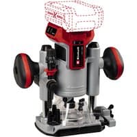 Red and silver Einhell cordless router with dual handles and clear base, designed for precision woodworking tasks.