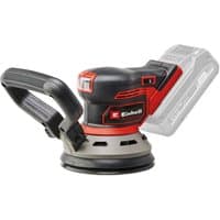 Red and black Einhell 18V rotating sander with ergonomic handle and visible battery slot.