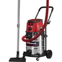 Red and silver Einhell wet/dry vacuum cleaner with wheels, hose, and stainless steel tank.