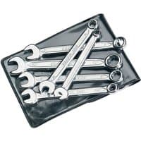 "Set of six silver midget combination spanners, sizes 5-10mm, in a black plastic holder"
