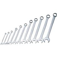Elora 11-piece Whitworth spanner set, silver, open and ring ends, arranged in size order from small to large.