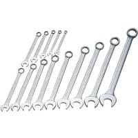 Elora 14-piece long imperial combination spanner set, silver wrenches with open and ring ends, arranged in size order.