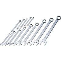 Elora 14-piece long combination spanner set, silver, sizes 8-32mm, open and ring ends, neatly arranged in ascending order.