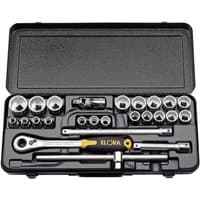 Black Elora 770-OKLMU 1/2" Drive Metric Socket Set, 25 pieces, with ratchet, sockets, and extensions in a hard case.