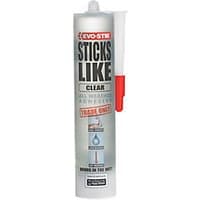 Evo-Stik Sticks Like Sh*t Adhesive Clear 290ml tube with red cap and bold black text on white label.