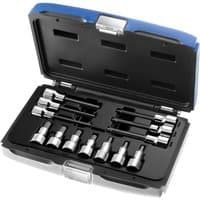 Black and silver 13-piece hex bit socket set in a blue and black plastic case with secure latch.