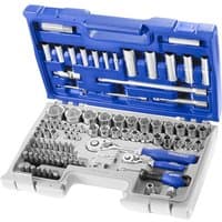 Blue and gray Expert 98-piece socket and accessory set with various sockets, ratchets, and wrenches in a sturdy case.