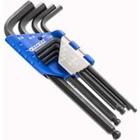 Black long arm ball end hex key set with blue holder, includes 8 pieces marked with sizes, by Expert.