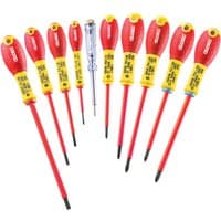 Red and yellow insulated screwdriver set with ergonomic handles, includes 10 pieces with various tip sizes and types.
