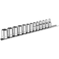 "Expert E194675 13 Piece 1/4in drive socket set with chrome finish, neatly arranged on a metal rail holder"
