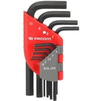 Red and gray sleeve set of black metric hexagon keys, labeled Facom 82H.JP9, with sizes marked on holder.