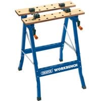 Blue Draper fold down workbench with wooden top, adjustable clamps, and sturdy metal legs.