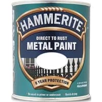 Hammerite Direct to Rust Metal Paint can, satin finish, 750ml, white, with blue label and protective seal.