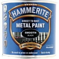 Blue can of Hammerite Metal Paint Smooth in black, featuring a shield logo and rust protection details.