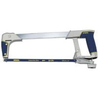"Irwin 12-inch high tension hacksaw with blue and gray frame, ergonomic handle, and adjustable blade tension knob"