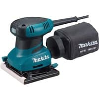 Makita BO4556 blue and black sheet orbital sander with dust bag and ergonomic grip, 114x140mm, 240V.