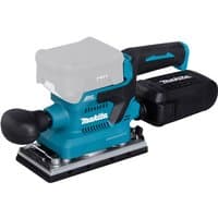 Blue Makita 18V LXT finishing sander with ergonomic handle, dust bag, and rectangular sanding pad.