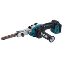 Makita DBS180Z 18V belt sander, teal and black, with ergonomic handle and narrow sanding belt.