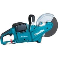Makita blue and black cordless disc cutter with large blade and ergonomic handle, branded "Makita" on the side.