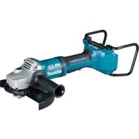 Makita cordless angle grinder, teal and black, with dual handles and 230mm disc, bare unit without battery.