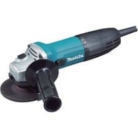 Makita GA4030R/1 angle grinder, teal and black, 100mm disc, side handle, corded, compact design.