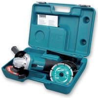 Blue Makita angle grinder with black handle, silver head, and diamond disc in teal carrying case.