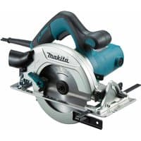 Makita HS6601/2 circular saw, teal and silver, 165mm blade, ergonomic handle, and adjustable base plate.