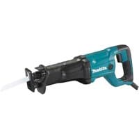 Makita JR3051TK110V reciprocating saw, teal and black, with a long blade and ergonomic handle.
