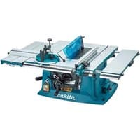 Blue Makita table saw with 260mm blade, adjustable fence, and clear blade guard on a sturdy base.