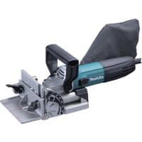 Makita PJ7000 biscuit jointer, teal and silver, with black handle and dust bag, 100mm blade, 700W power.