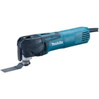 Makita TM3010CK/2 blue and black multi tool with toolless blade change and ergonomic grip.