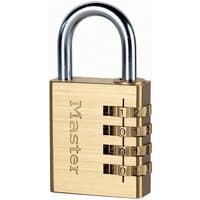 Brass Master Lock 604EURD padlock with 4-digit combination and silver shackle.