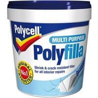 White tub of Polycell Multi Purpose Polyfilla Ready Mixed with blue lid and colorful logo.