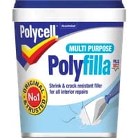 Polycell Ready Mixed Multi Purpose Polyfilla 1kg tub with blue lid and colorful label, featuring a filling knife graphic.