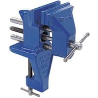 Blue Record V75B 75mm table vice with swivel base, chrome-plated handle, and serrated jaws for secure grip.