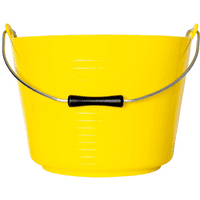 Yellow Red Gorilla flexible bucket, 22 liters, with ribbed sides and metal handles with black grip.