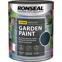 Ronseal Garden Paint 250ml can, Cool Breeze color, for sheds, fences, brick, terracotta; features colorful garden imagery.