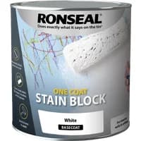Ronseal One Coat Stain Block 750ml, white can with paint roller image and colorful scribbles on gray background.