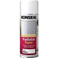 Ronseal Quick Drying Radiator Paint, Satin finish, white spray can with radiator image and yellow label accents