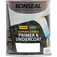 Ronseal Super Flexible Primer and Undercoat, dark grey can with brush stroke design and performance guarantee label.