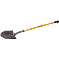 Yellow-handled Roughneck shovel with sharp-edge metal blade and black grip.